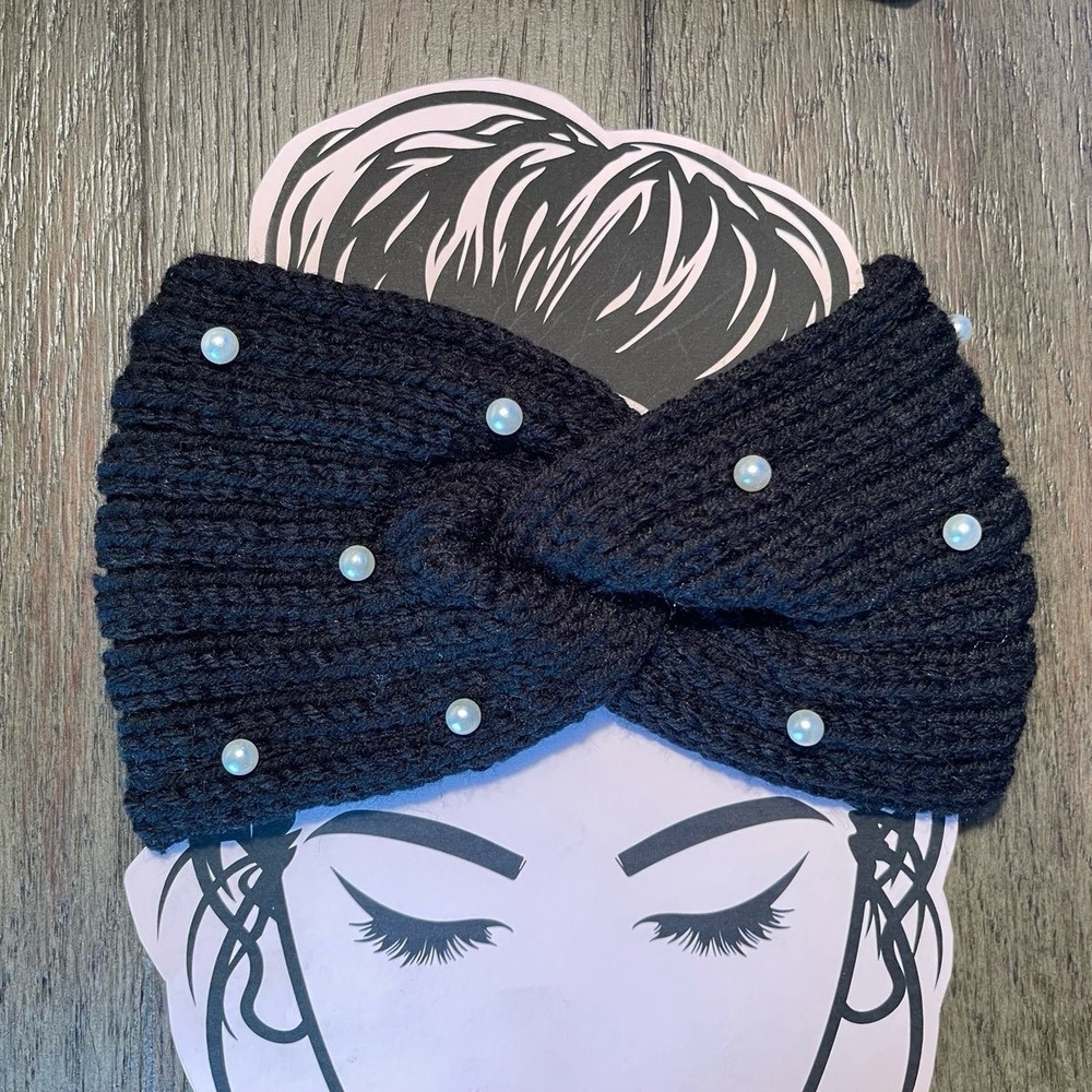 Womens Black Ribbed Knit Pearl Embellished Twisted Knot Headband Ear Warmer